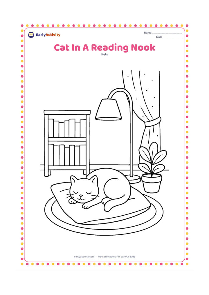 Colouring page: Draw a cat sleeping on a cushion in a cosy reading nook beside a low shelf of blank book spines, a floor lamp, a small rug, and a potted plant. Keep every book face empty.