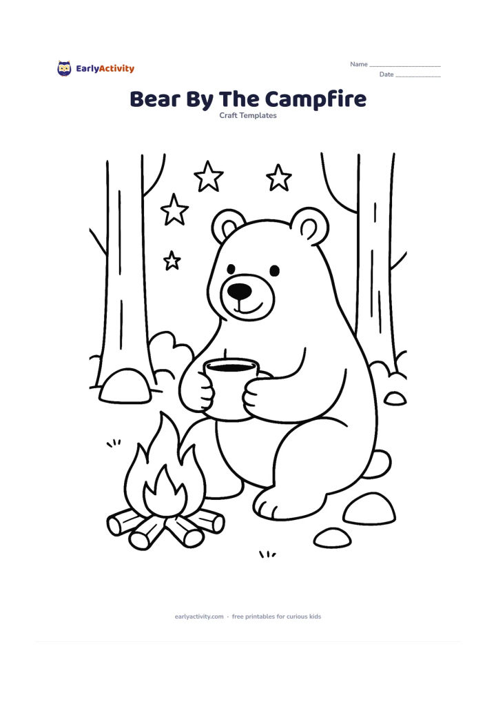 Worksheet: Draw a friendly bear sitting beside a small contained campfire, holding a mug with both paws. Place the bear in a forest clearing with tree trunks, rocks and a few broad evening stars,…
