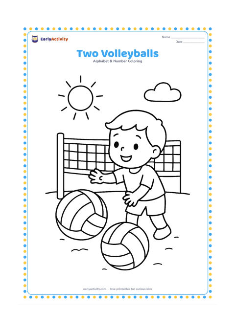 Colouring page: Draw two large volleyballs on a simple sandy court, with a low net behind them and a child reaching toward one ball. Add a sun and two clouds.