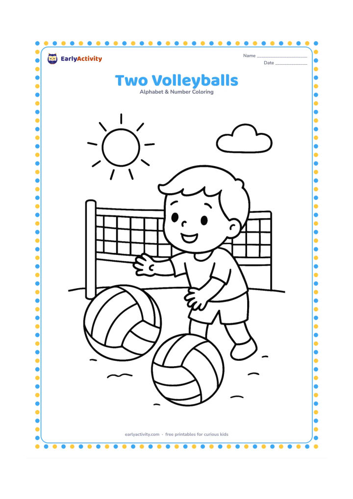 Colouring page: Draw two large volleyballs on a simple sandy court, with a low net behind them and a child reaching toward one ball. Add a sun and two clouds.