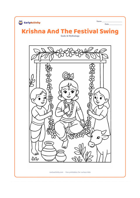 Colouring page: Draw Krishna seated on a decorated garden swing while two friends gently hold the ropes. Add flower garlands, leafy branches, a cow, and a few courtyard pots.