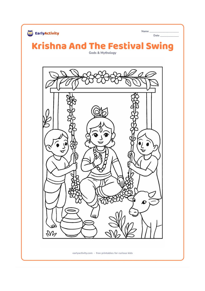 Colouring page: Draw Krishna seated on a decorated garden swing while two friends gently hold the ropes. Add flower garlands, leafy branches, a cow, and a few courtyard pots.