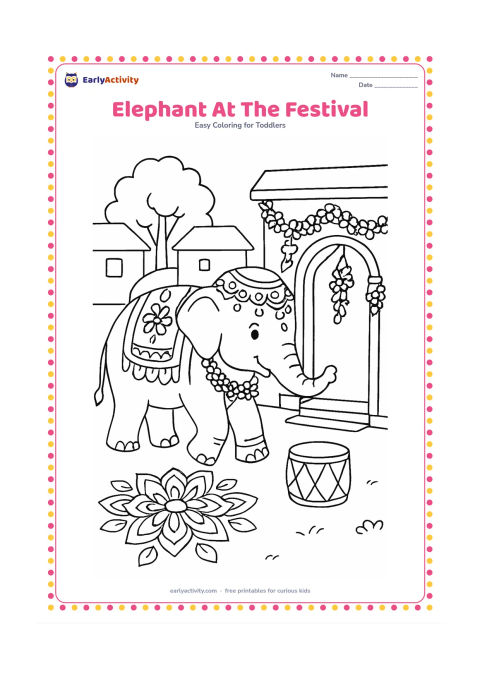 Colouring page: Draw a decorated elephant walking through an Indian village courtyard with a child-sized drum resting nearby, flower garlands on a doorway and a large patterned rangoli on the ground.…