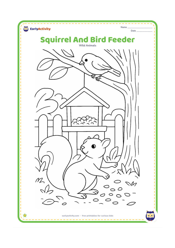 Colouring page: Draw a squirrel reaching toward seeds beneath a simple bird feeder while a small bird perches above. Include a garden fence, tree bark, leaves, and scattered seeds.