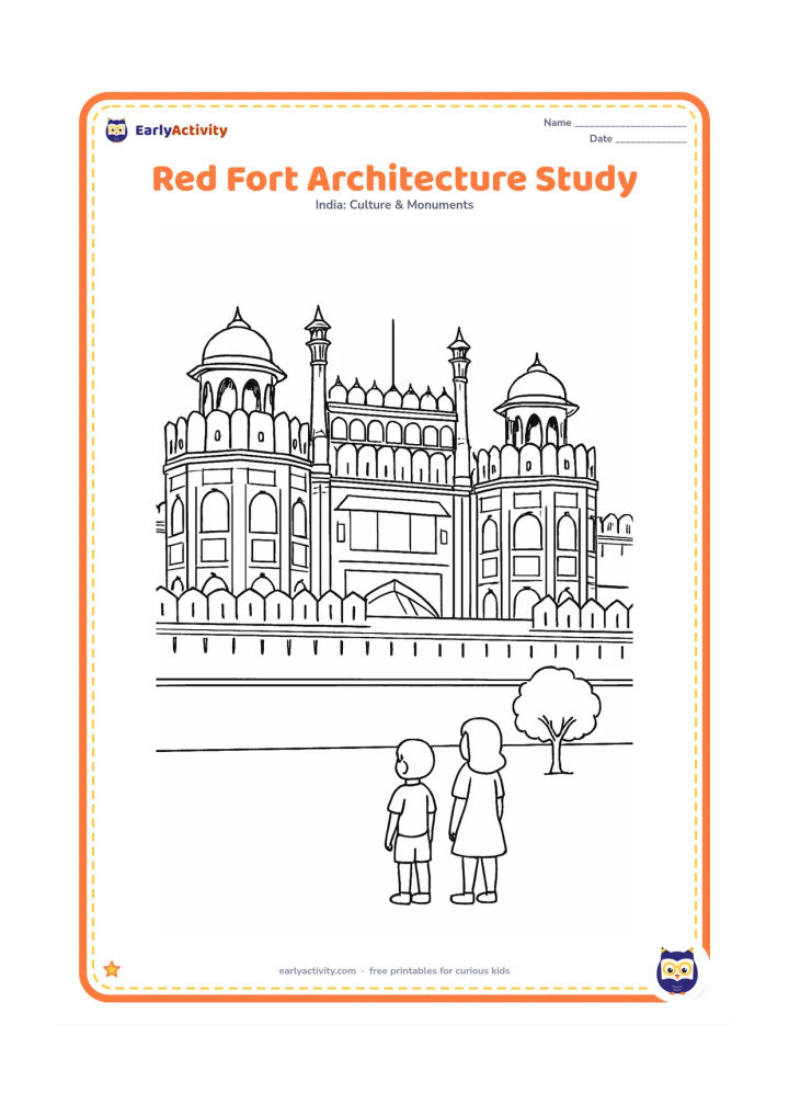 Colouring page: Create a detailed composition showing the Red Fort's Lahori Gate in front, a long crenellated wall behind it and several domes and chhatris across the skyline. Include a small tree and…