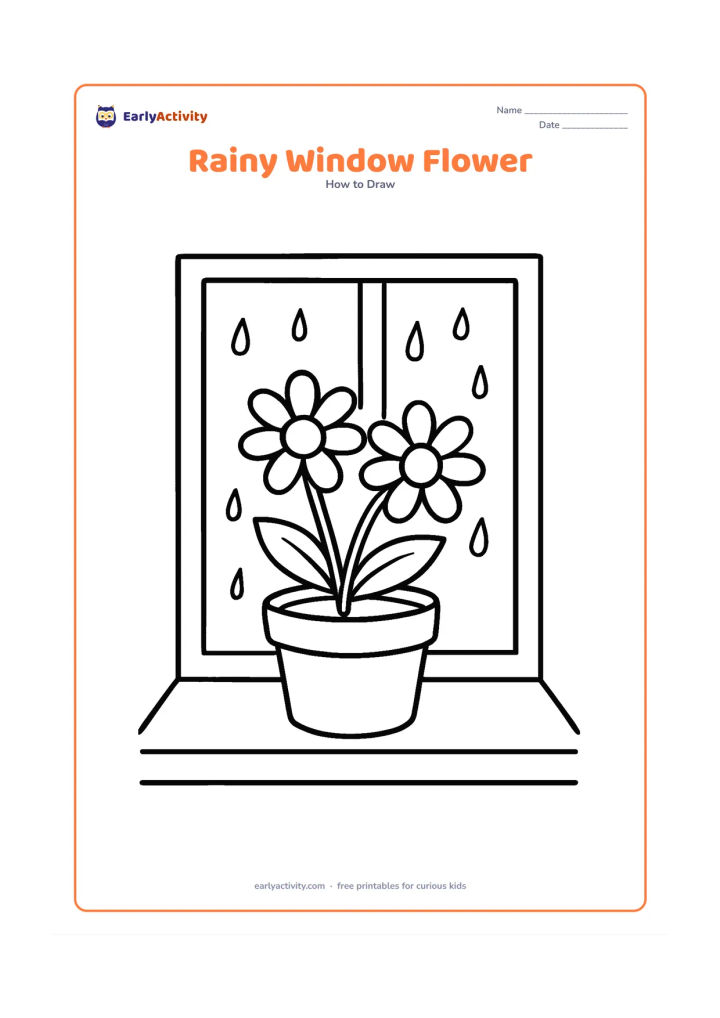 Worksheet: A cheerful potted flower sits on a windowsill during light rain, with two large blooms, broad leaves, a window frame and a few rounded raindrops outside. Keep the rain and background simple.
