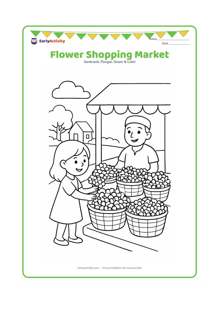 Colouring page: Draw a child choosing flowers from a Kerala market stall for a pookalam, with baskets of different blossoms, a smiling vendor and a covered stall beside a village lane.
