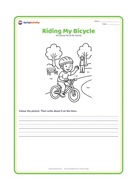 Worksheet: A child rides a small bicycle along a safe park path wearing a helmet, with one foot on a pedal and one hand waving. Include trees, a bench and a parent watching from a distance.