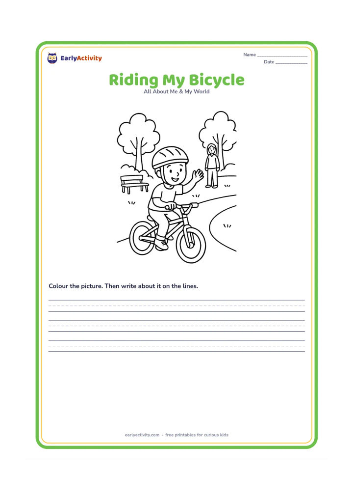 Worksheet: A child rides a small bicycle along a safe park path wearing a helmet, with one foot on a pedal and one hand waving. Include trees, a bench and a parent watching from a distance.