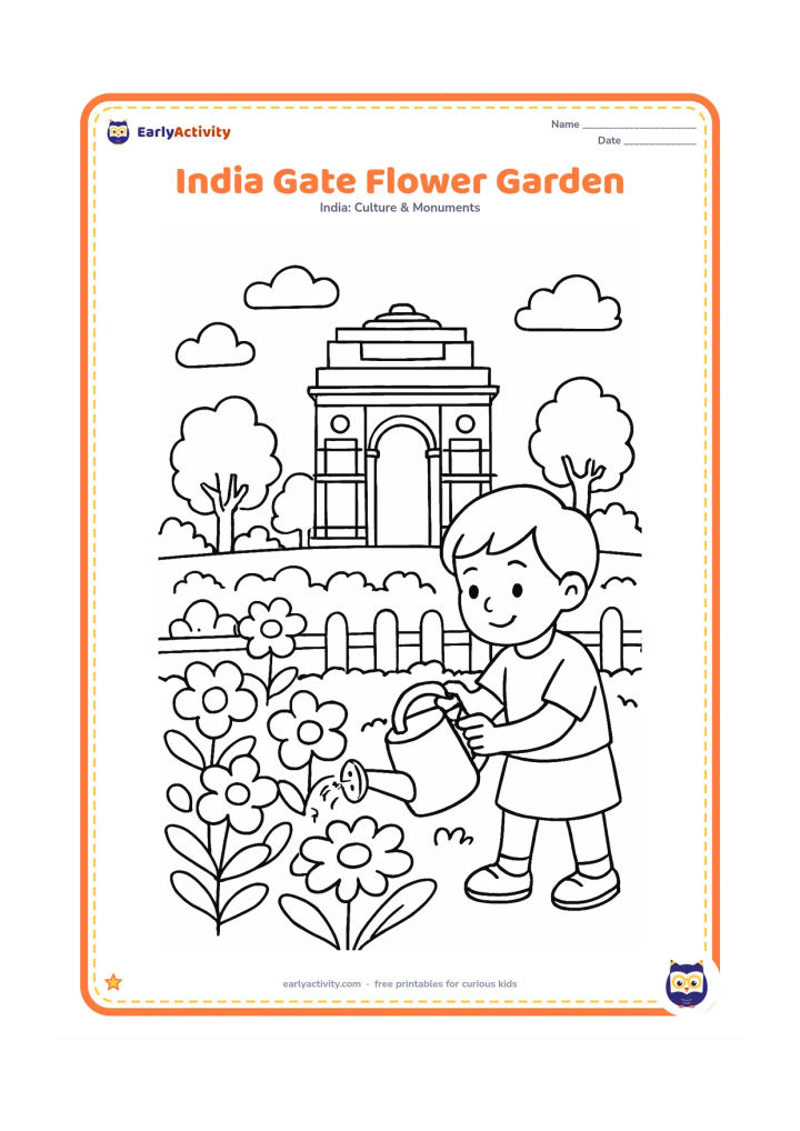Colouring page: Draw India Gate beyond a colourful-looking garden bed of large flowers, with a child watering plants in the foreground. Add a low fence and several trees.
