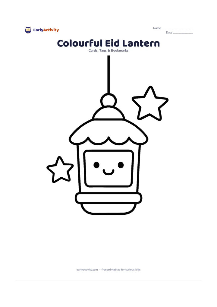 Worksheet: One smiling-faced decorative lantern hanging from a short cord, with two large stars beside it and a blank lower panel for a message. Keep the lantern broad and easy to colour.
