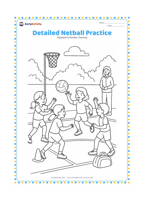 Colouring page: Draw a school netball practice scene with children passing a ball near a tall goal net. Include cones, a sports bag with no markings, court lines, trees, and a teacher observing from the…