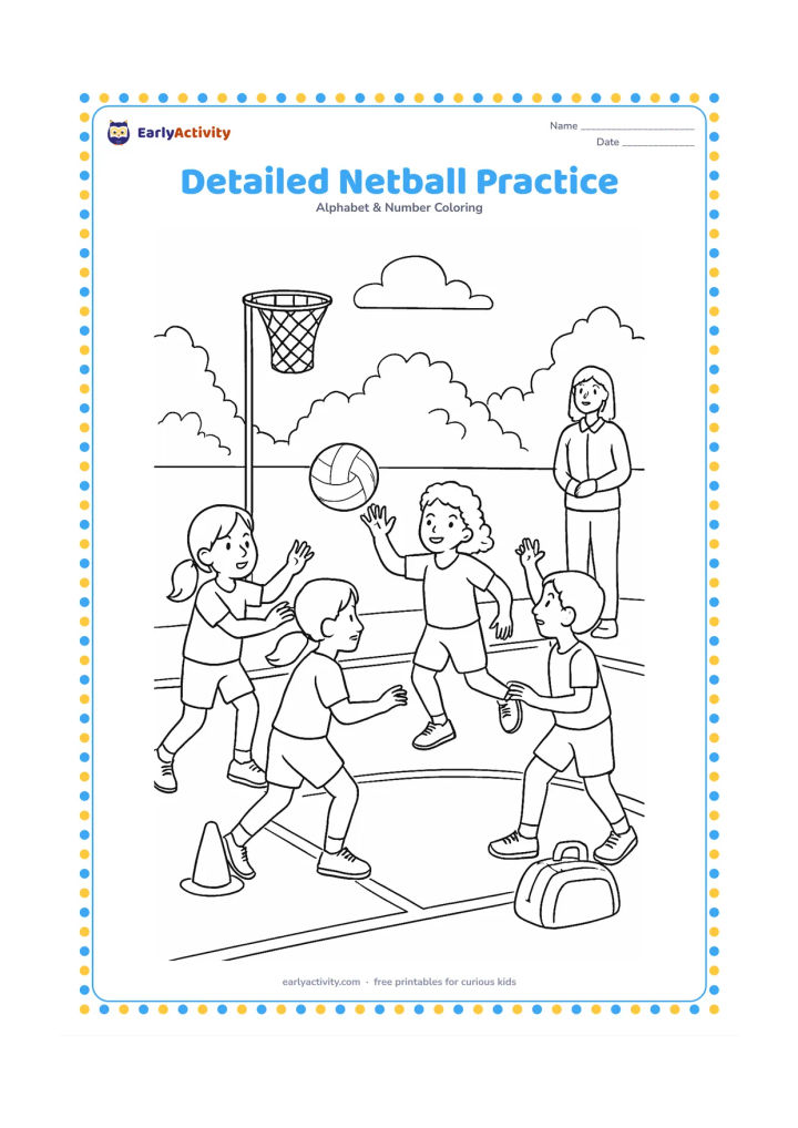 Colouring page: Draw a school netball practice scene with children passing a ball near a tall goal net. Include cones, a sports bag with no markings, court lines, trees, and a teacher observing from the…