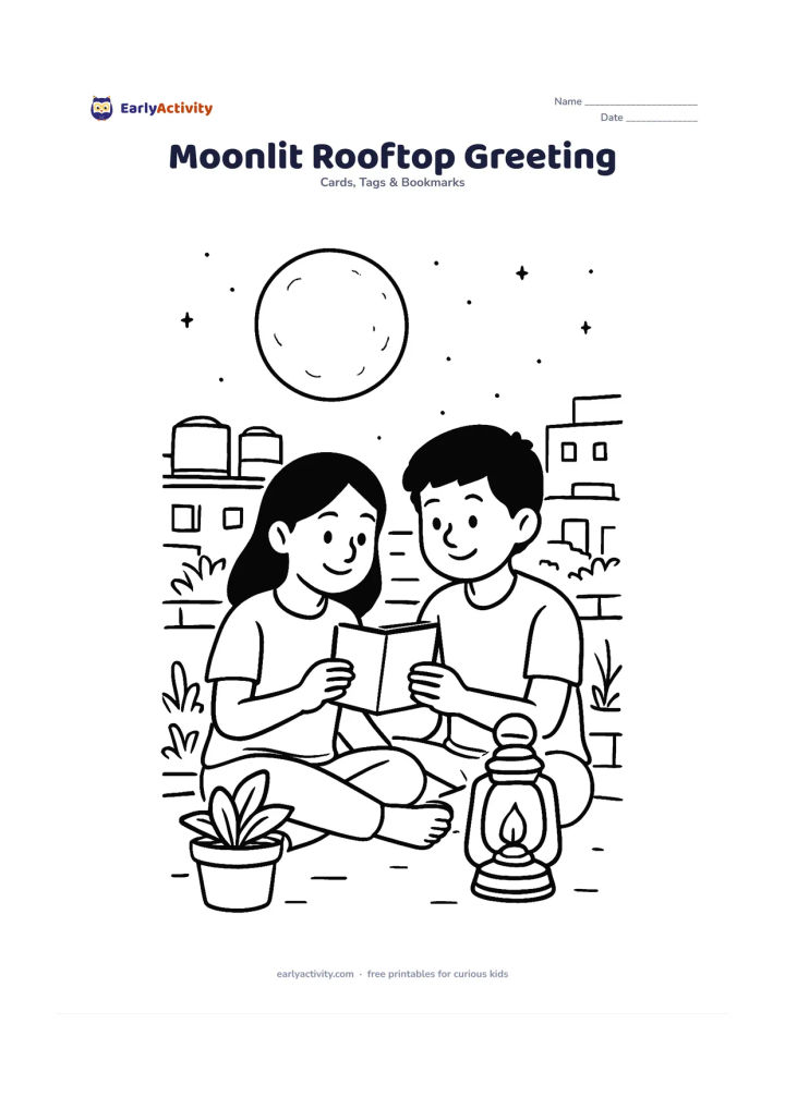 Worksheet: Two siblings sit on a rooftop terrace sharing a card while a lantern glows beside them, with water tanks, low buildings, plants, and a large moonlit sky behind. Leave the open sky and…