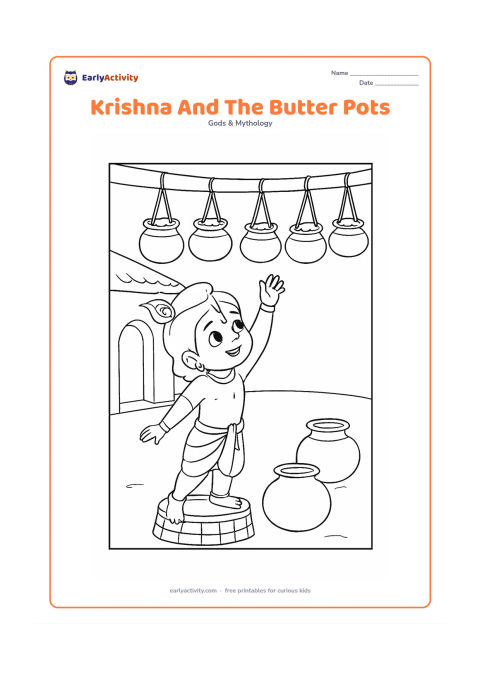 Colouring page: Draw young Krishna reaching toward a row of hanging butter pots while standing on a low overturned basket. Add a simple village courtyard, a doorway, and two pots on the ground.