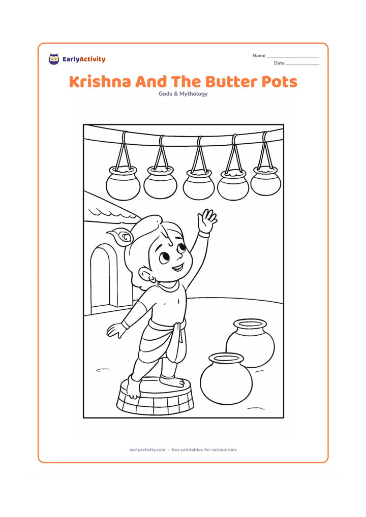 Colouring page: Draw young Krishna reaching toward a row of hanging butter pots while standing on a low overturned basket. Add a simple village courtyard, a doorway, and two pots on the ground.