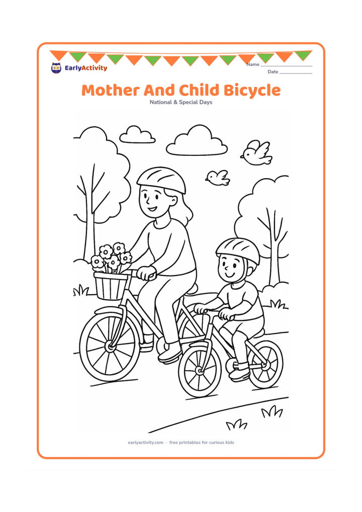 Colouring page: A mother and child ride separate bicycles slowly together on a park path, with helmets, a basket of flowers and trees on both sides. Include a few birds and clouds in the open sky.