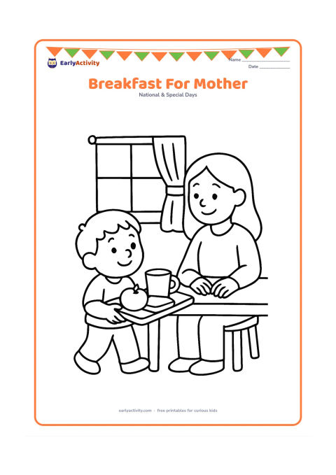 Colouring page: A child carries a tray with a cup, fruit and toast toward a smiling mother seated at a kitchen table. Add a simple window, curtain and one potted plant.