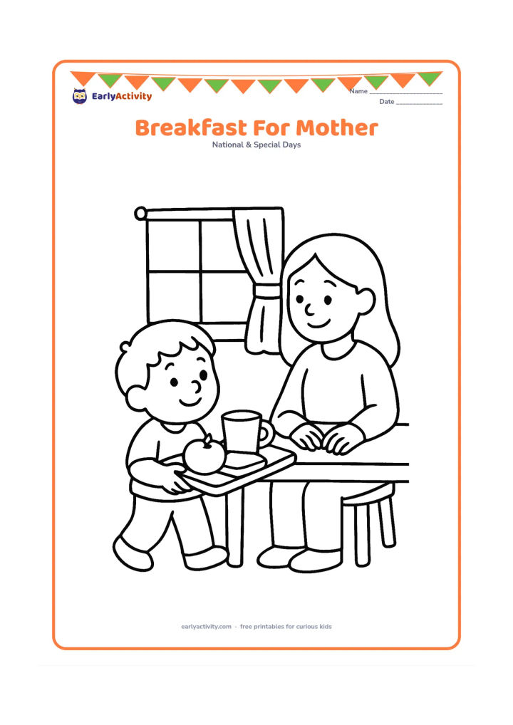 Colouring page: A child carries a tray with a cup, fruit and toast toward a smiling mother seated at a kitchen table. Add a simple window, curtain and one potted plant.