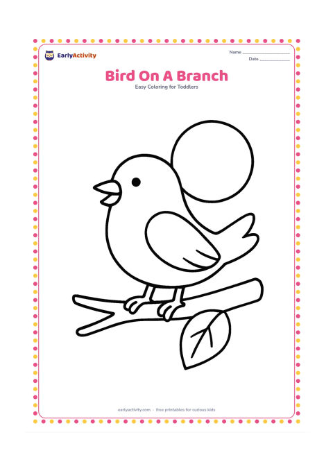 Colouring page: Draw a cheerful bird perched on a thick branch with one large leaf and a round sun behind it. Show the bird facing sideways with one open wing.
