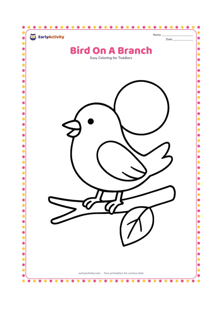 Colouring page: Draw a cheerful bird perched on a thick branch with one large leaf and a round sun behind it. Show the bird facing sideways with one open wing.