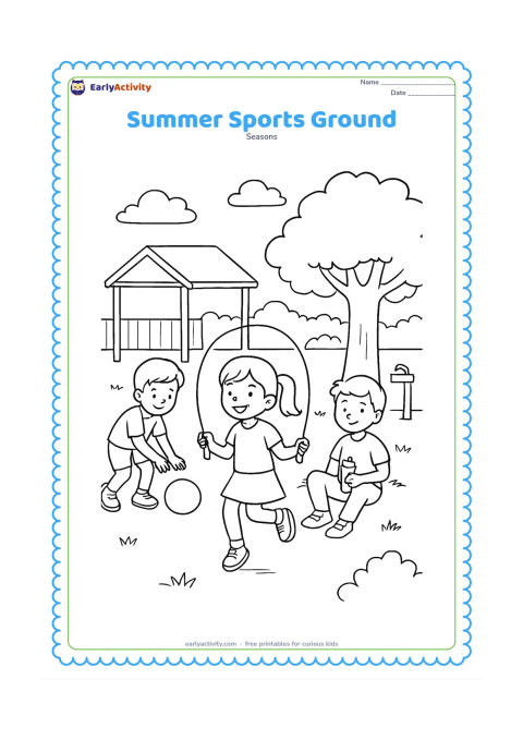 Colouring page: Children play several gentle outdoor games on a school or neighbourhood ground: one rolls a ball, one skips with a rope and another rests beneath a tree with a water bottle. Include a…
