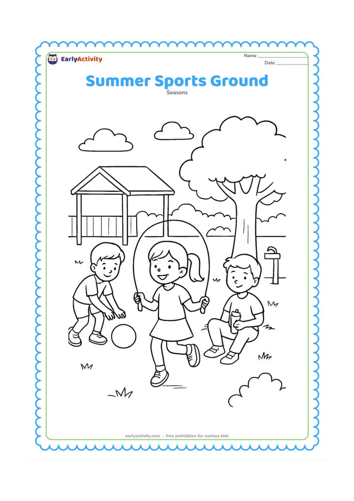 Colouring page: Children play several gentle outdoor games on a school or neighbourhood ground: one rolls a ball, one skips with a rope and another rests beneath a tree with a water bottle. Include a…