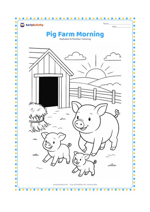 Colouring page: Draw a mother pig and two piglets walking out of a simple farm shelter at sunrise. Add a wooden fence, hay bundle, distant fields and a few clouds.