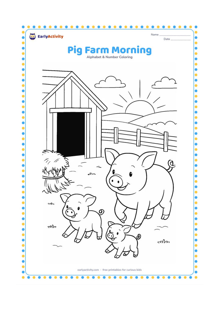 Colouring page: Draw a mother pig and two piglets walking out of a simple farm shelter at sunrise. Add a wooden fence, hay bundle, distant fields and a few clouds.