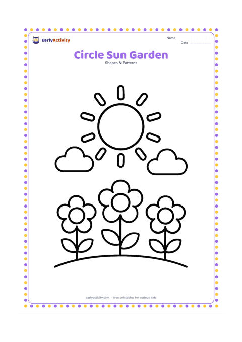 Colouring page: Draw one large round sun above three bold flowers made from circles, with a simple curved ground line and two round clouds. Keep the circular outlines easy to identify and widely spaced.