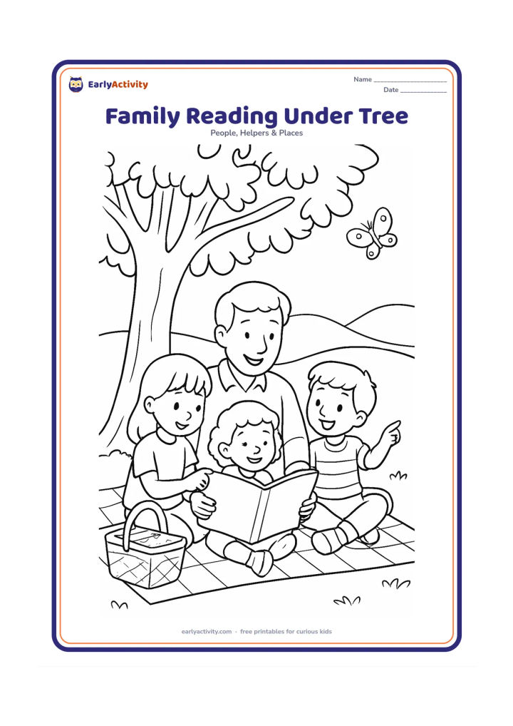Colouring page: Show an adult and two children sitting beneath a large tree, looking at a blank-page storybook together while another child points toward a butterfly. Add a picnic mat, basket and…