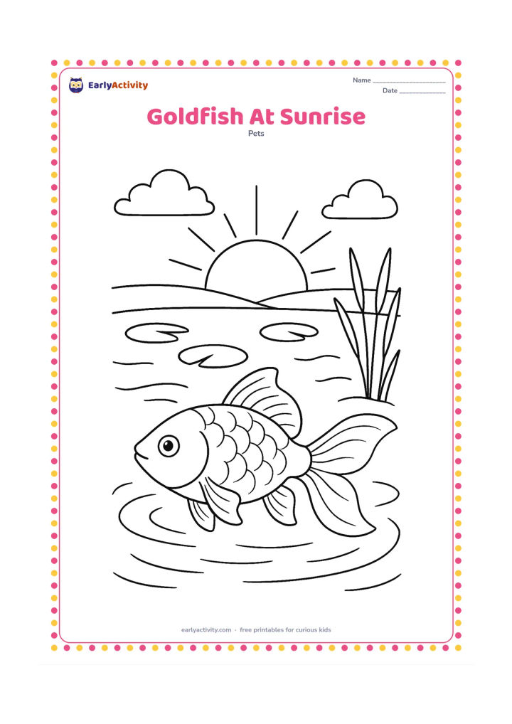 Colouring page: Draw a goldfish swimming near the surface of an outdoor pond at sunrise, with a large rising sun, simple reeds, lily pads and gentle water ripples. Keep the fish prominent in the foreground.