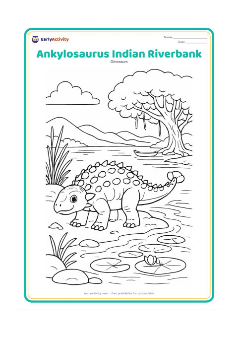 Colouring page: Draw a friendly Ankylosaurus beside a broad riverbank inspired by an Indian landscape, with lotus leaves on the water, a simple wooden boat far in the background, reeds, stones and a…