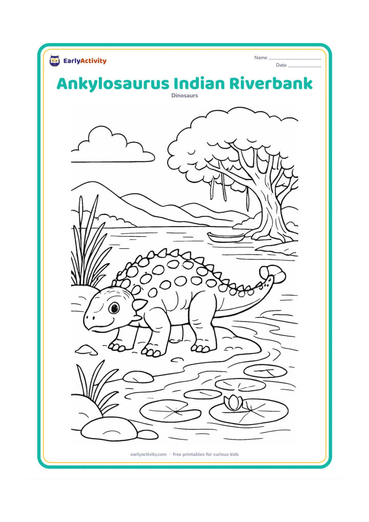 Colouring page: Draw a friendly Ankylosaurus beside a broad riverbank inspired by an Indian landscape, with lotus leaves on the water, a simple wooden boat far in the background, reeds, stones and a…