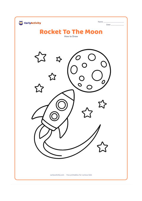 Worksheet: A side-facing rocket travels diagonally toward a large cratered moon, with two fins, two round windows, a curved flame trail and scattered stars. Leave broad spaces between objects and…