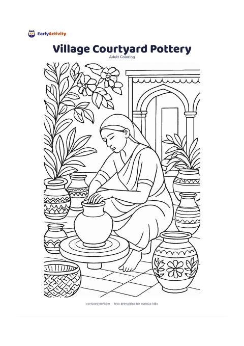 Colouring page: A person shaping a clay pot on a low pottery wheel in an Indian courtyard, surrounded by finished earthen pots, leafy plants, a woven basket and a shaded doorway. Show the hands, wheel…