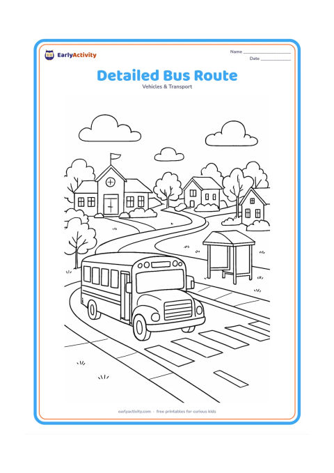 Colouring page: Draw a school bus following a winding route through a detailed neighbourhood, with a school, homes, a bus shelter with a blank panel, trees, overhead clouds, a footpath, and a marked…
