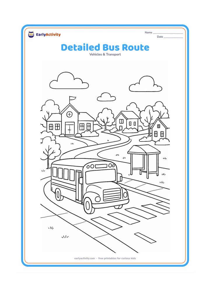 Colouring page: Draw a school bus following a winding route through a detailed neighbourhood, with a school, homes, a bus shelter with a blank panel, trees, overhead clouds, a footpath, and a marked…