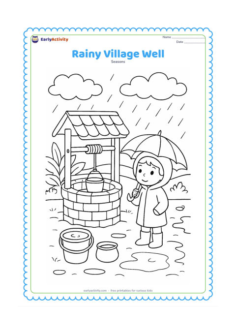 Colouring page: A village well stands beside a muddy path as rain fills nearby containers, while a child watches from under an umbrella. Add a tiled roof, banana plants, puddles and a cloud-filled sky.