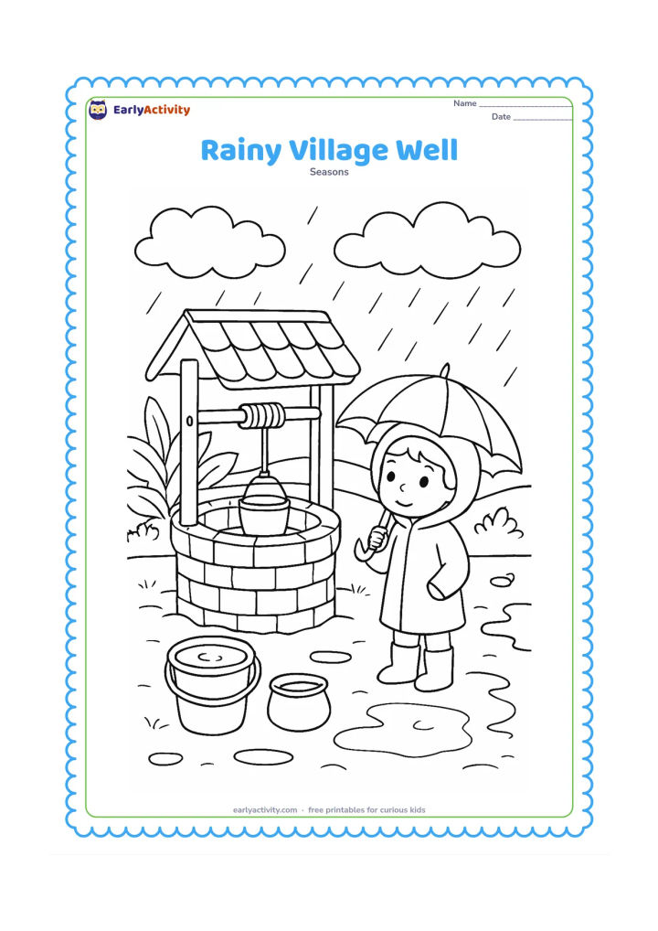 Colouring page: A village well stands beside a muddy path as rain fills nearby containers, while a child watches from under an umbrella. Add a tiled roof, banana plants, puddles and a cloud-filled sky.