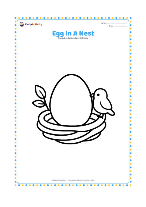 Colouring page: Draw one large egg resting in a round nest made from a few thick curved twigs. Add two simple leaves and a small bird perched beside the nest.