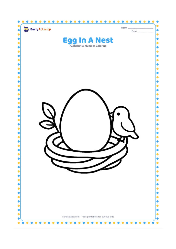Colouring page: Draw one large egg resting in a round nest made from a few thick curved twigs. Add two simple leaves and a small bird perched beside the nest.