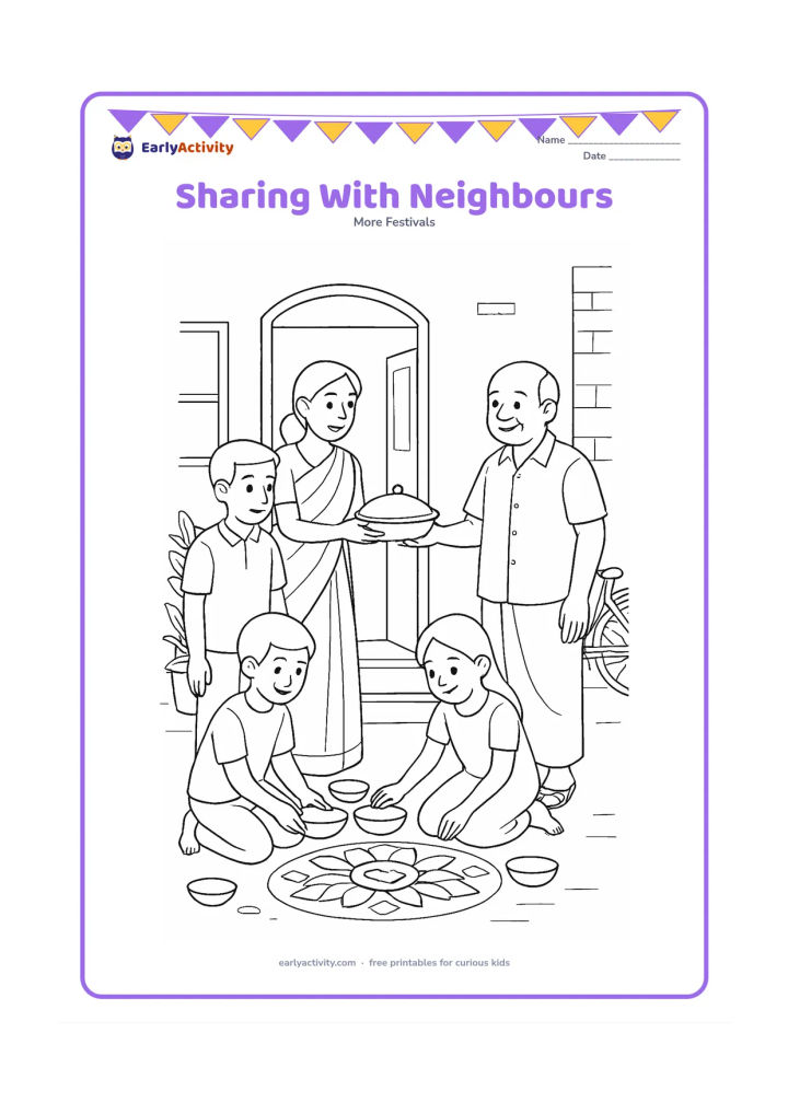 Colouring page: Draw a family sharing cooked food with neighbours outside a modest Indian home, with one person offering a covered dish, children arranging bowls and an older neighbour smiling…