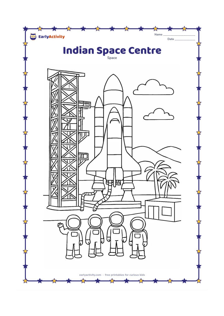 Colouring page: Show a rocket being prepared beside a generic Indian space centre, with a launch tower, fuel pipes, palm trees, a small team of astronauts and distant hills. Include blank building…