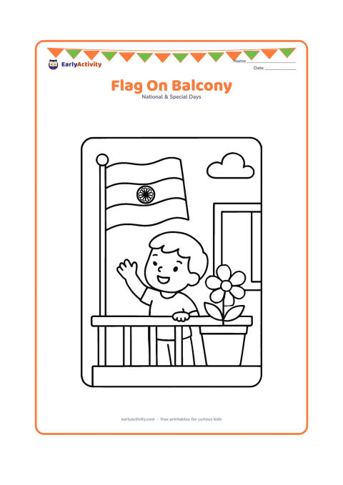 Colouring page: Draw a small Indian flag attached to a balcony railing, with a child looking up and waving from beside a large flower pot. Show a simple apartment wall, balcony edge and cloudy sky.