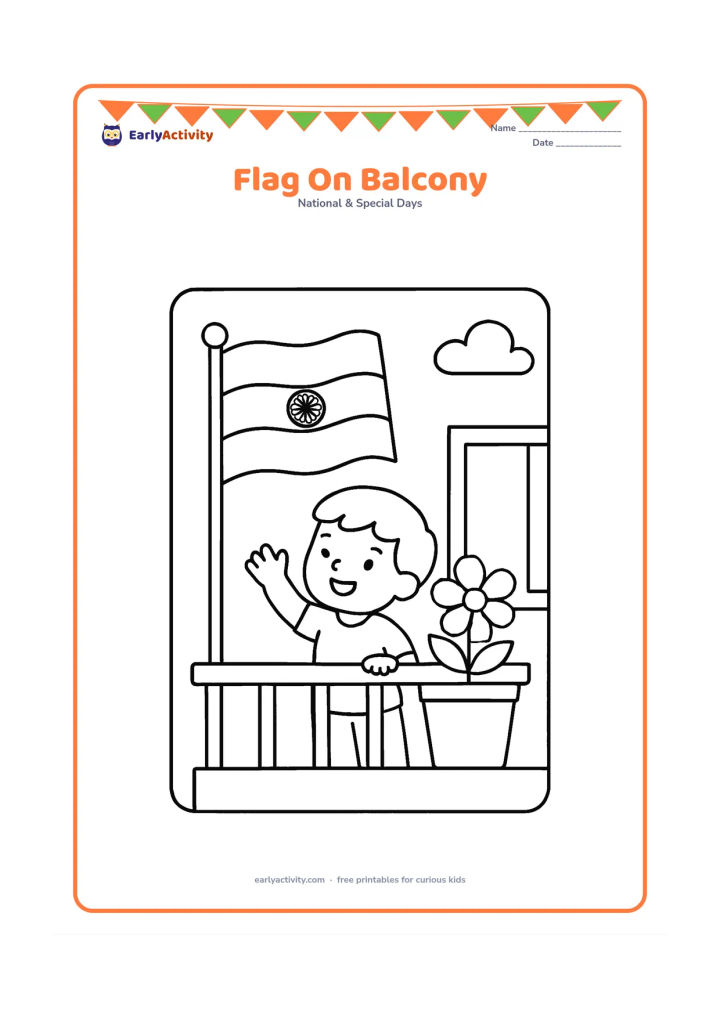 Colouring page: Draw a small Indian flag attached to a balcony railing, with a child looking up and waving from beside a large flower pot. Show a simple apartment wall, balcony edge and cloudy sky.