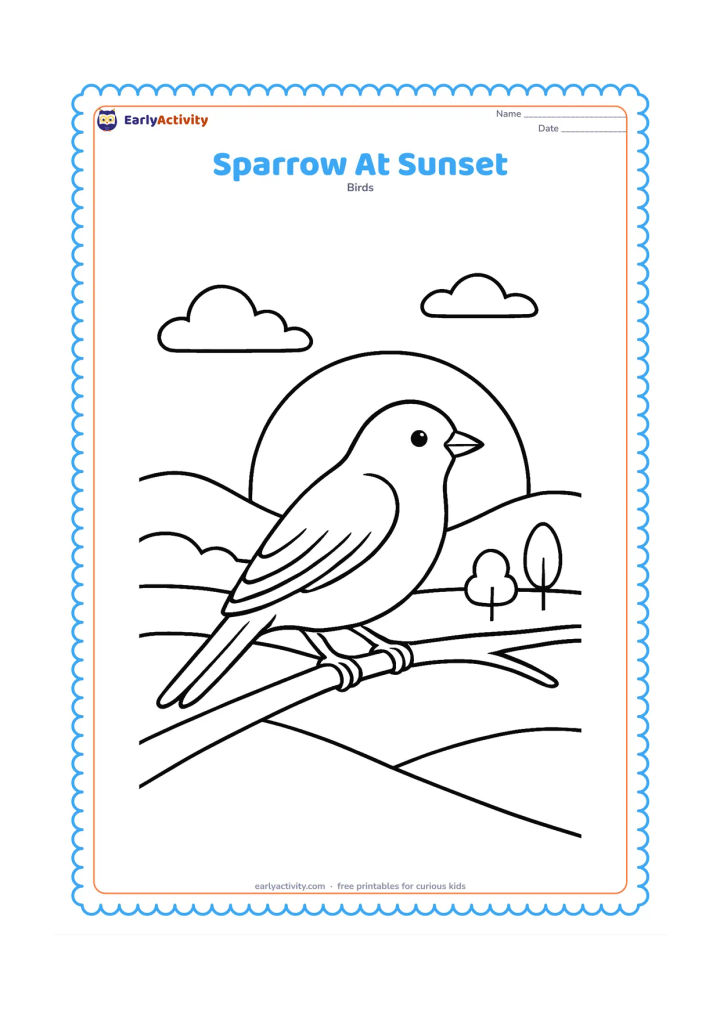 Colouring page: Draw one sparrow silhouetted in profile on a branch at sunset, with a large low sun, layered hills, and a few simple tree shapes in the distance. Keep the bird's wing and tail outlines…