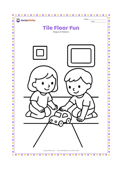 Colouring page: Two children sit on a floor made from four large square tiles, placing a toy car on one tile. Show only a few simple wall and toy details.
