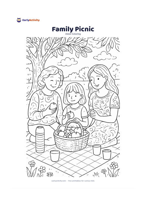 Colouring page: Draw three generations sitting together on a picnic cloth, sharing fruit from a basket in a leafy park. Add a thermos, simple cups, a tree trunk, flowering grass, and a pleasant open sky.