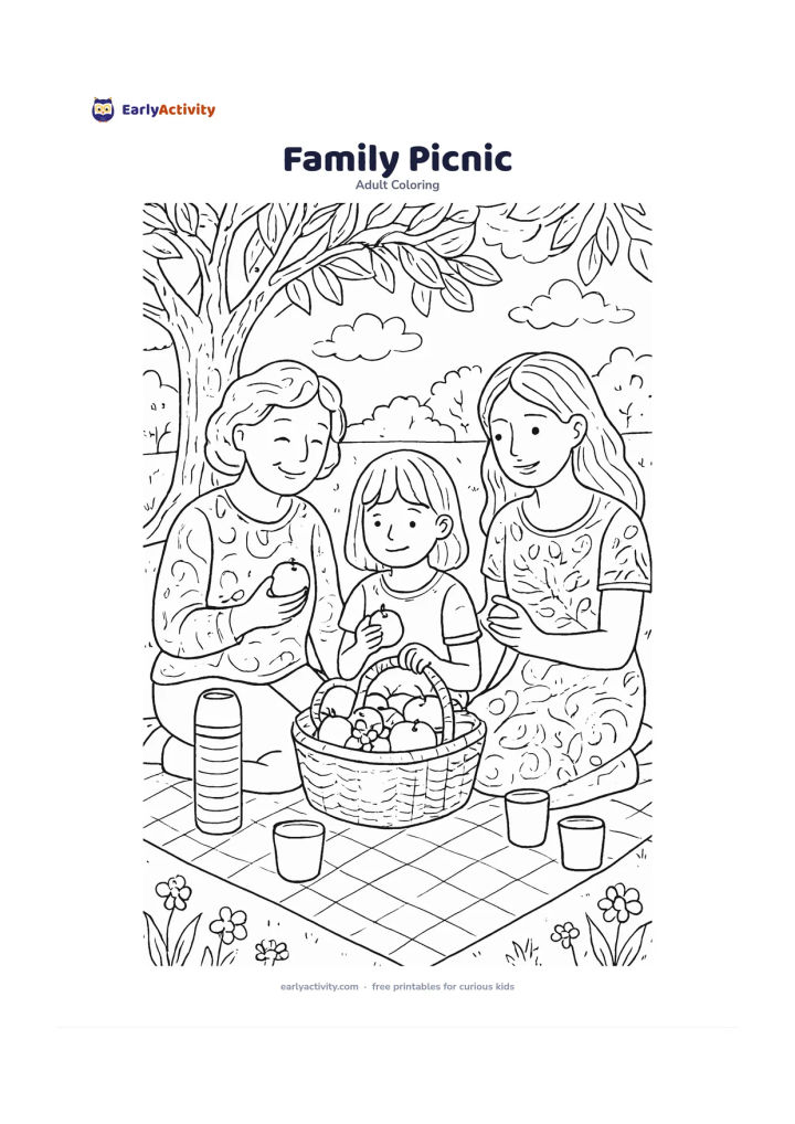 Colouring page: Draw three generations sitting together on a picnic cloth, sharing fruit from a basket in a leafy park. Add a thermos, simple cups, a tree trunk, flowering grass, and a pleasant open sky.